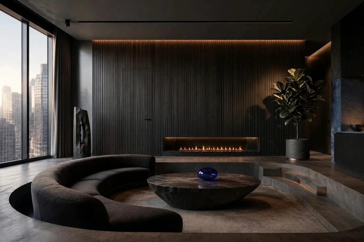 The same living room with a tall potted plant added in the right-hand corner