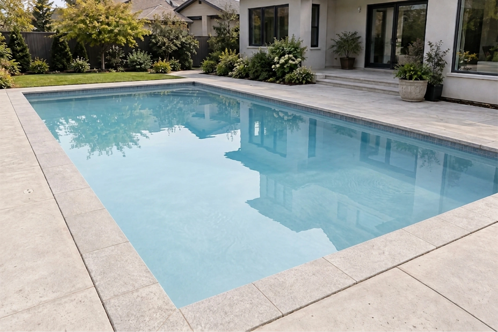 The previously empty pool shown filled with blue water and house reflections
