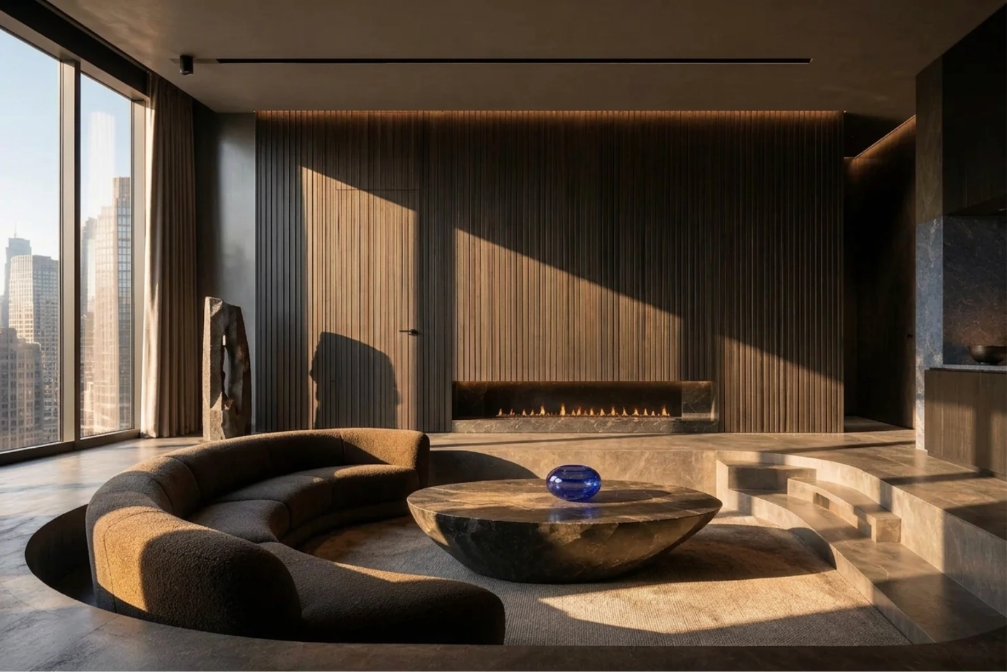 The living room with warm sunlight crossing the wall, seating, and floor