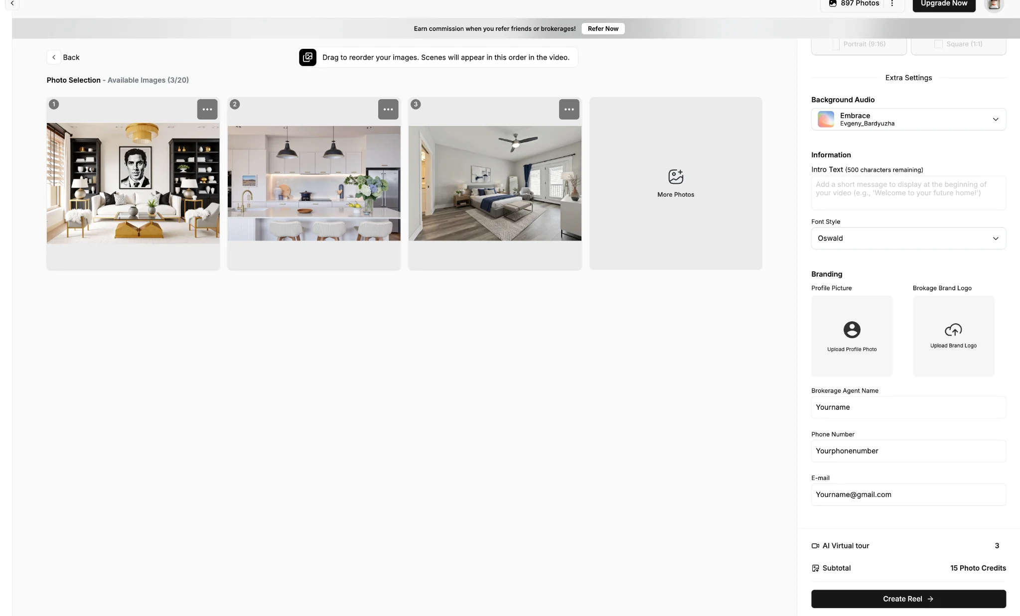 Collov AI video settings and branding form showing profile picture, brand logo, agent name, phone number, and email fields