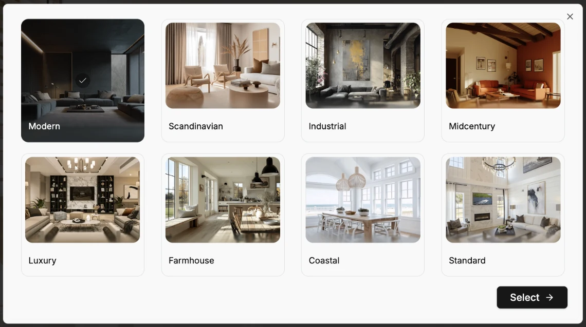 Design Styles picker with the Modern style selected