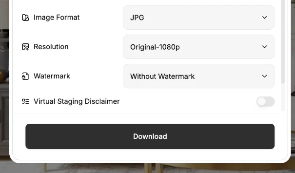 Download dialog with Image Format, Resolution, Watermark, and Virtual Staging Disclaimer options