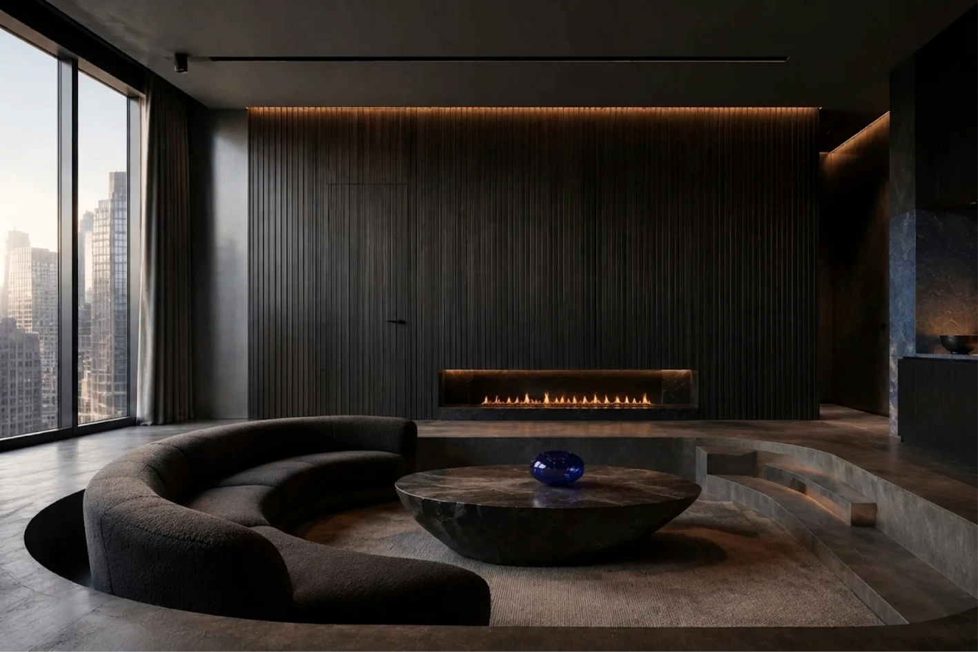The living room with the freestanding sculpture beside the window removed