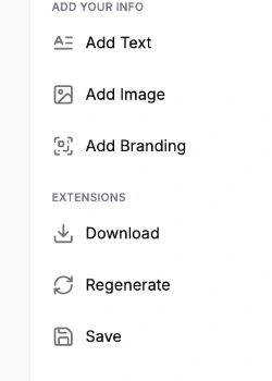 Holiday card options: Add Text, Add Image, Add Branding, Download, Regenerate, and Save