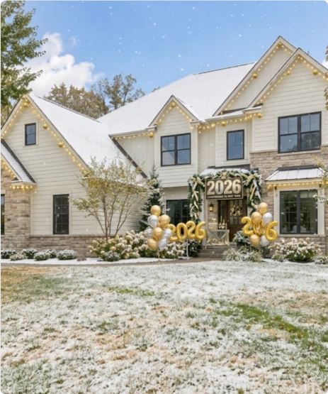 Vertical New Year card showing the property with snow, lights, and gold 2026 decorations