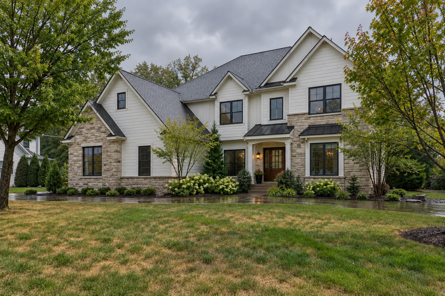 The house under gray clouds with a wet path