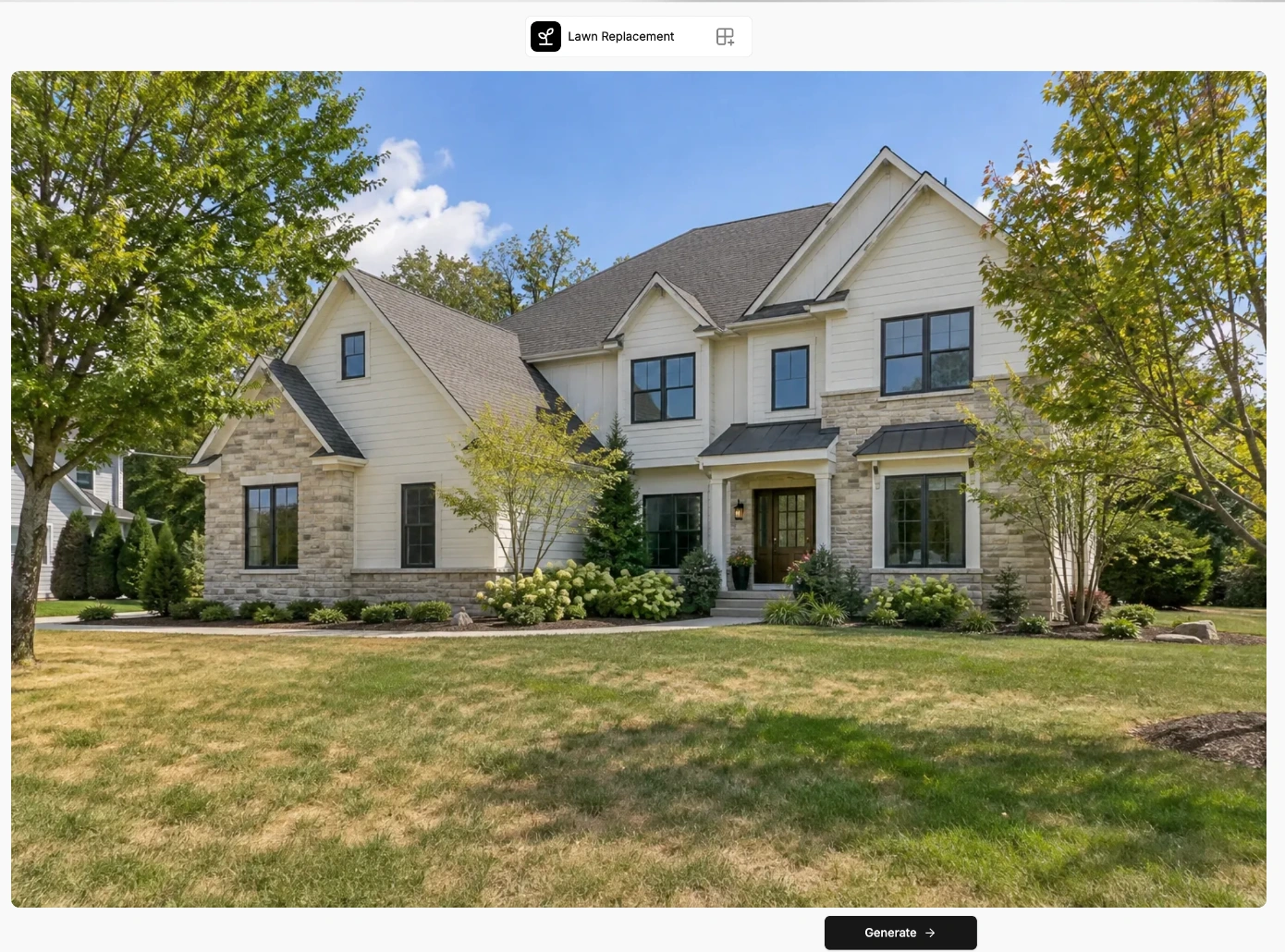 Lawn Replacement screen with an uploaded exterior and the Generate button