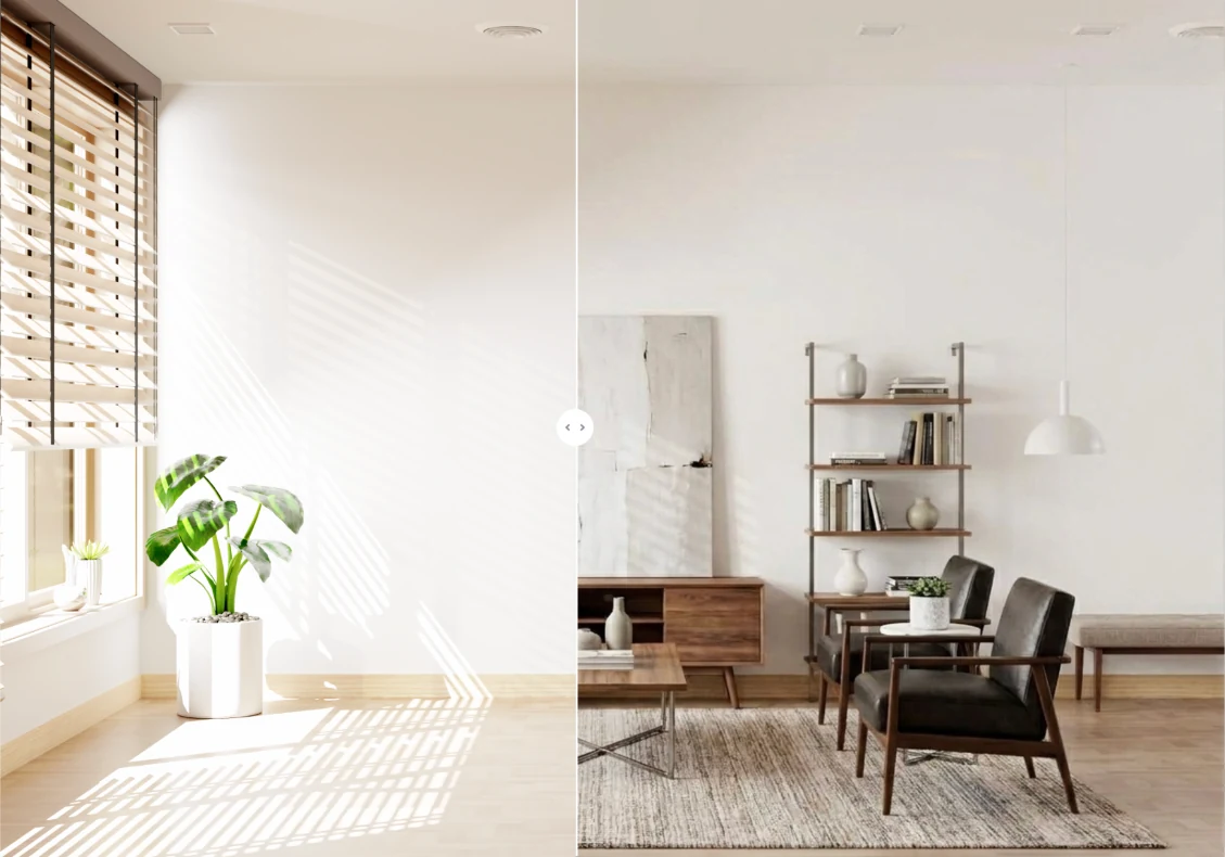 Before and after comparison of the original room and the Modern staging result