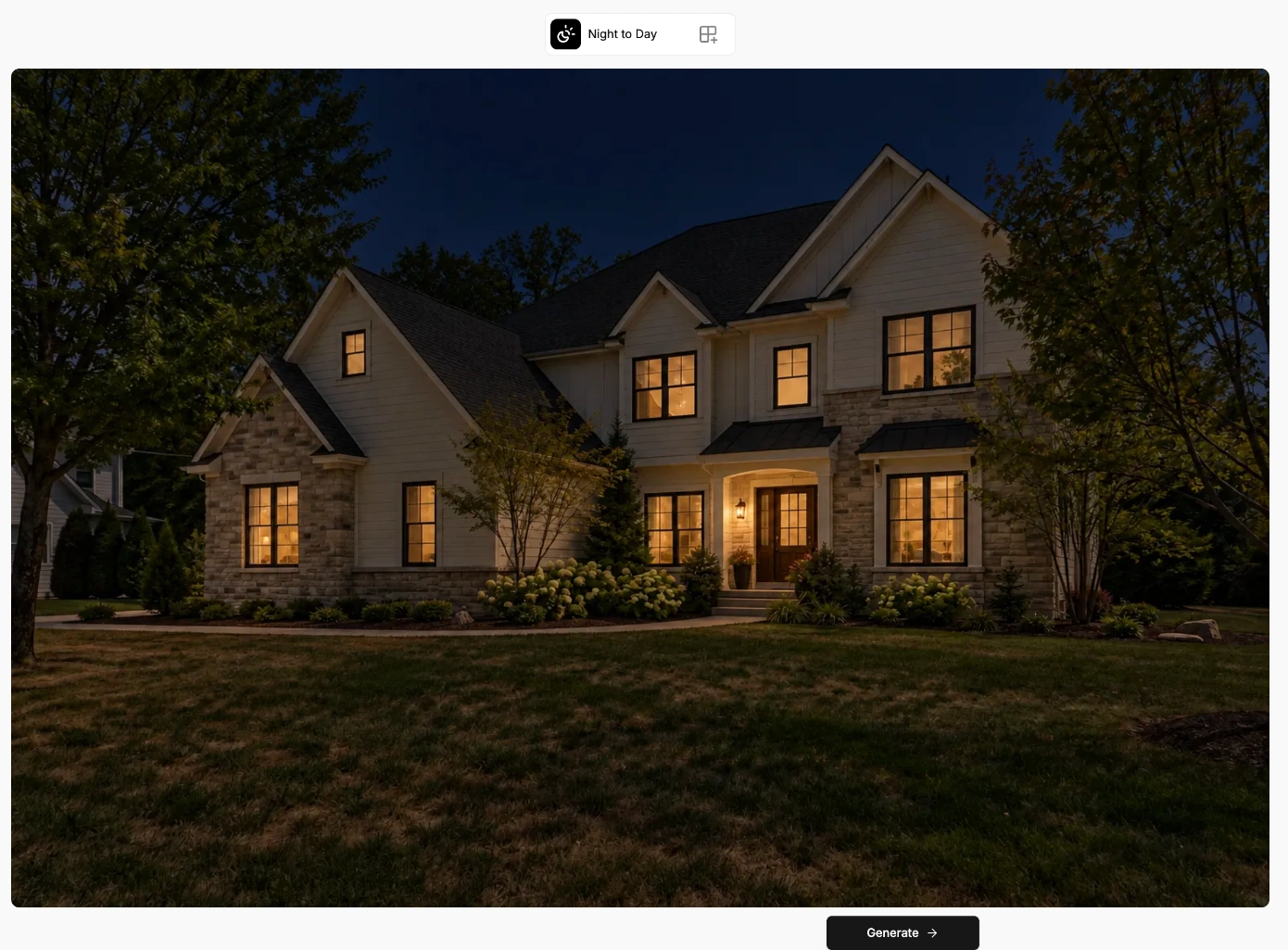 Night to Day screen with an uploaded nighttime photo and the Generate button