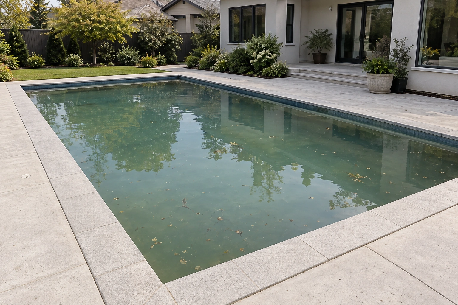 Original filled pool with dull greenish water and small floating debris