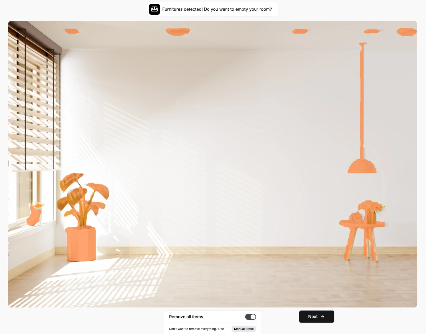 Room photo with detected furniture highlighted in orange and the Remove all items toggle enabled