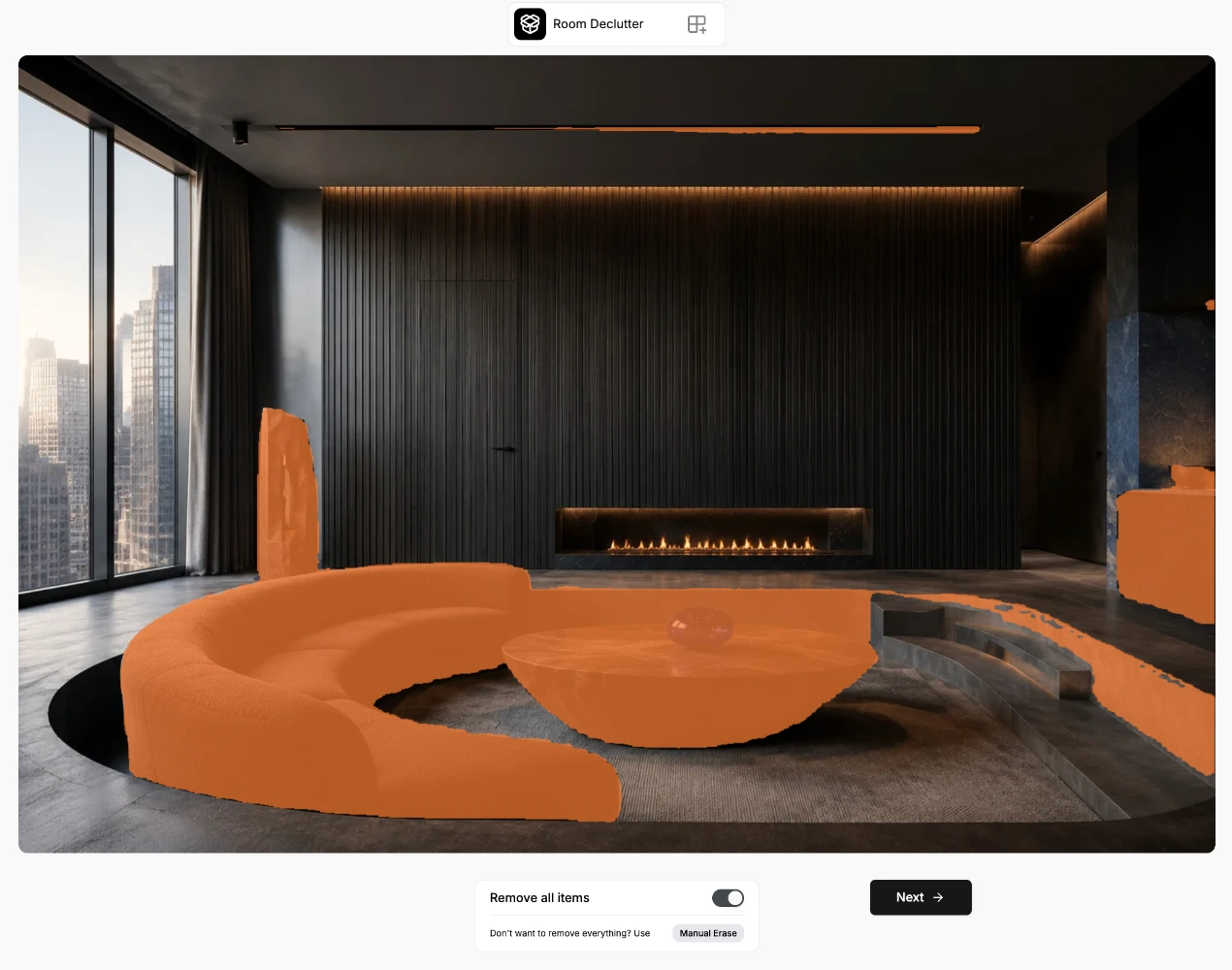 Room Decluttering with detected furniture highlighted in orange and the Remove all items option