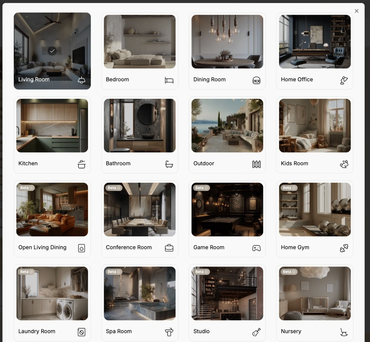 Room Types picker with Living Room selected