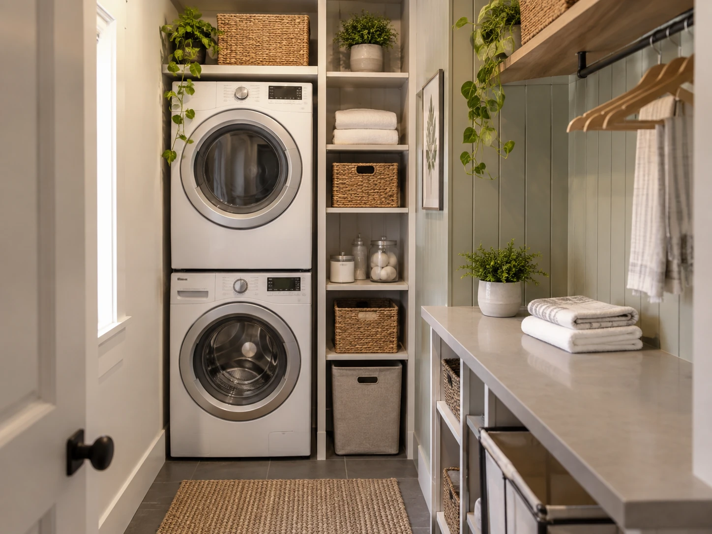Compact Stacked laundry room design