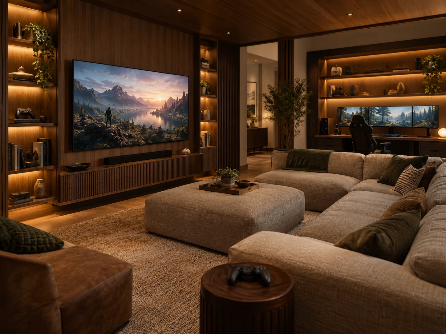Warm Wood Lounge gaming room design