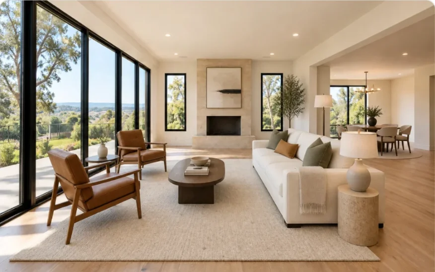 Bright living room with views through tall windows