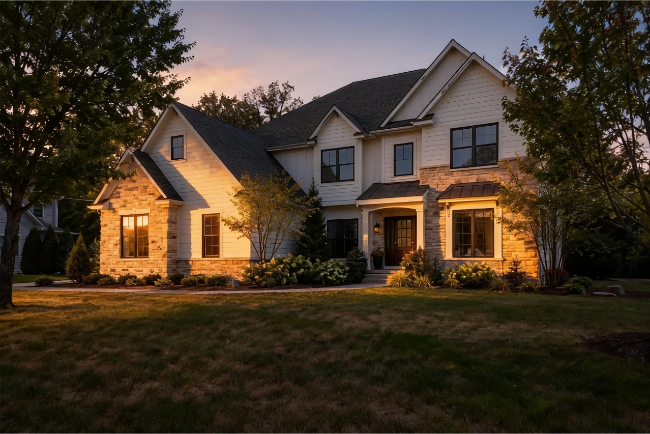 The house at twilight with a pink sky and warm exterior lighting