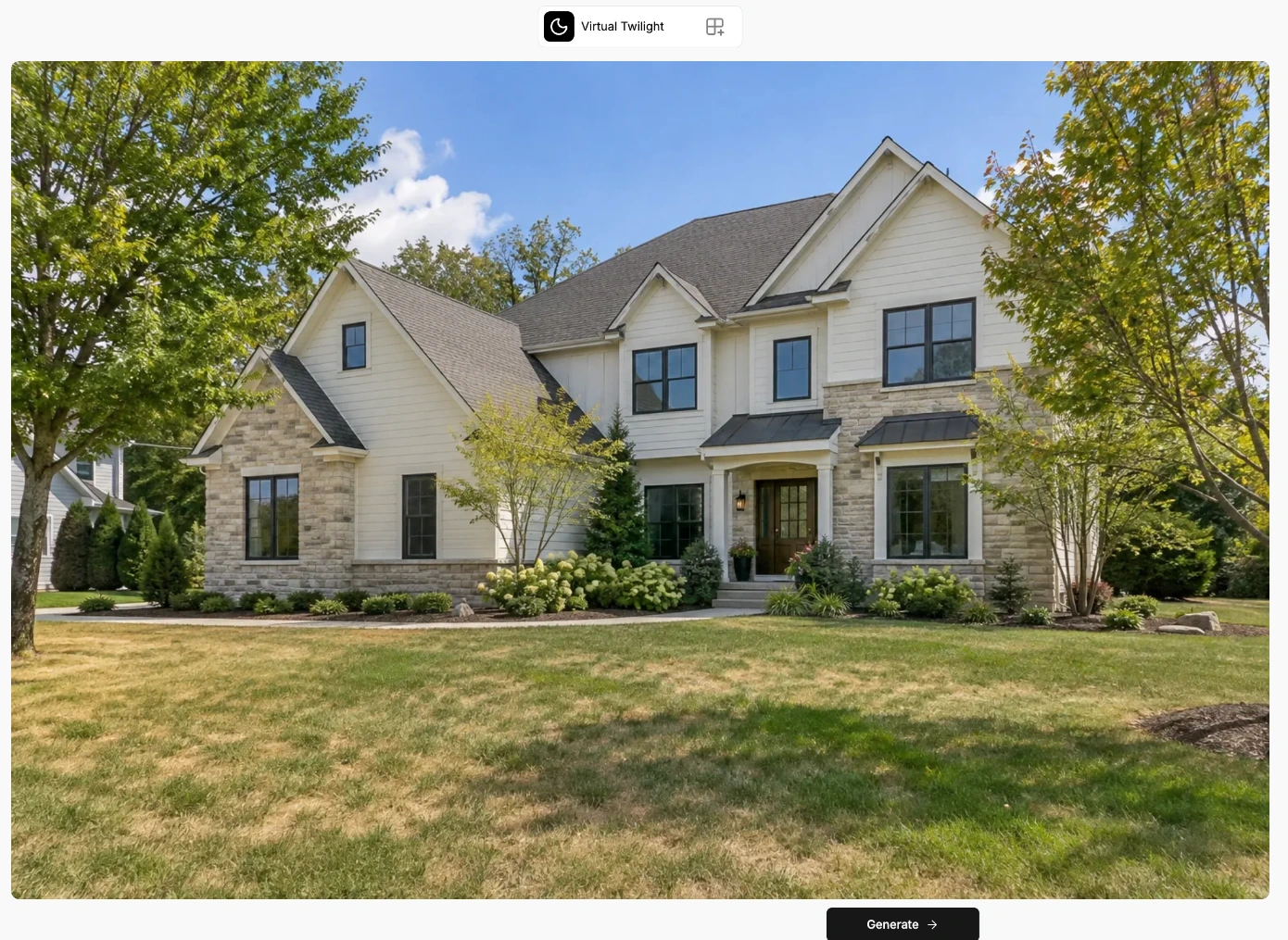 Virtual Twilight screen with an uploaded daytime exterior and the Generate button
