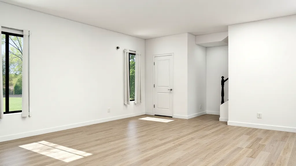 An empty room after AI declutter — bare walls, floors, and windows
