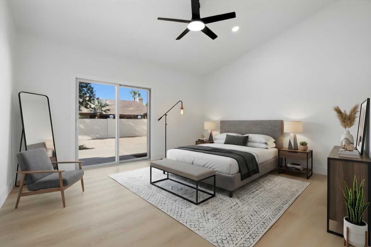 A photorealistic AI-staged bedroom with bed, nightstands, and decor